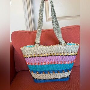 Colorful Boho Straw Woven with Wooden Beads & Rings Large Tote